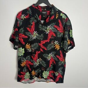 The Kooples Floral Short Sleeve Button Down Shirt Mens Large Black Relaxed Fit